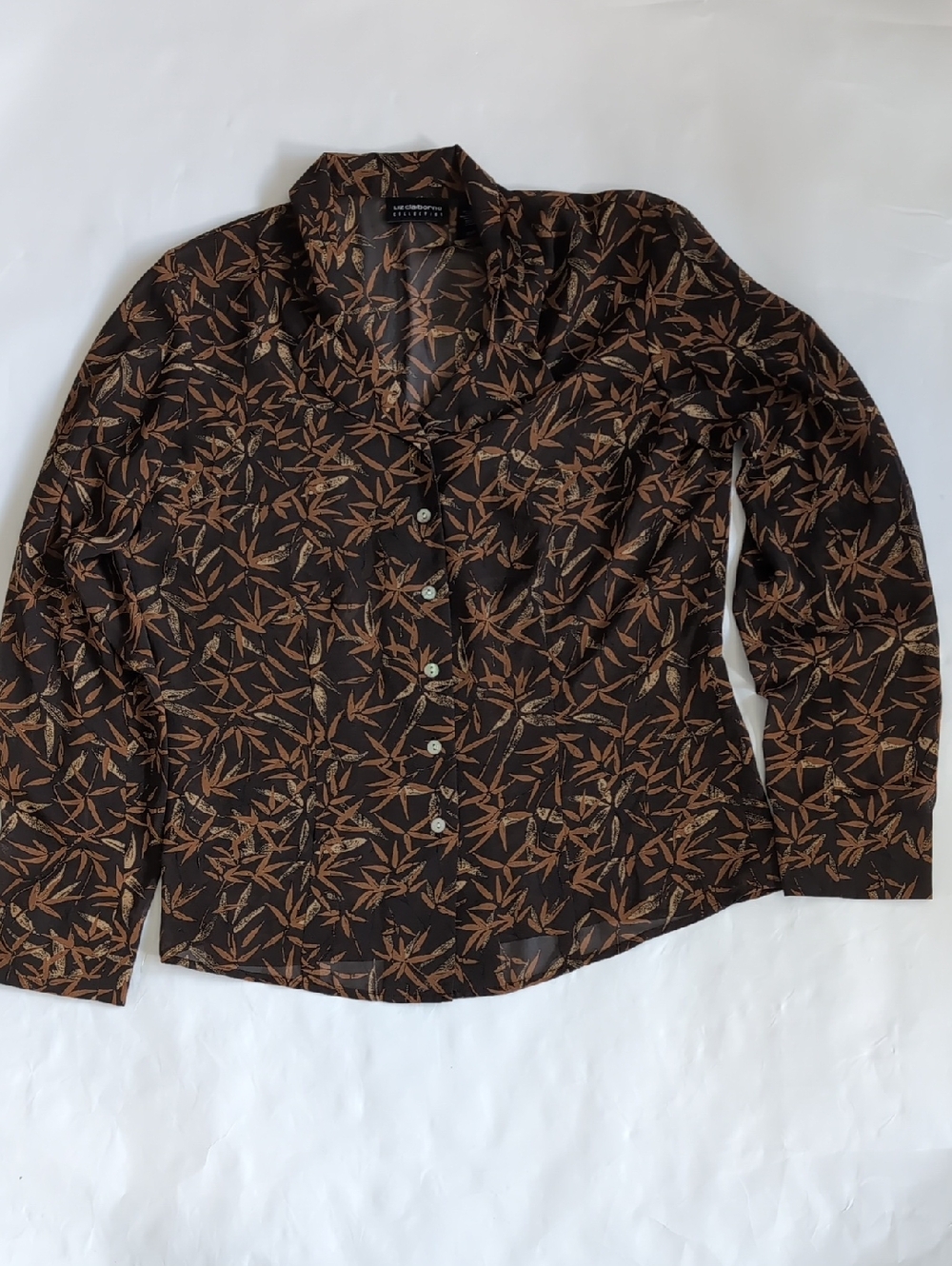 Liz Claiborne Black Blouse with Brown Leaf Motif - 10